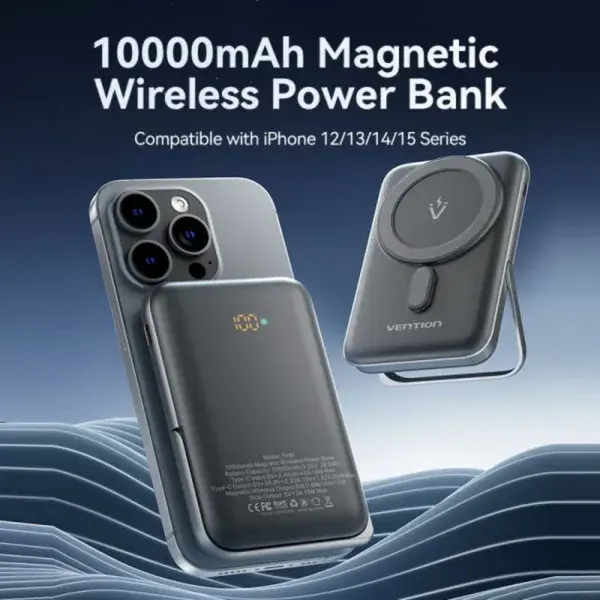 Порт.ЗП Vention Magnetic Wireless 10000mAh 20W PD USB-C In/Out, QI-15W чорний - фото - №8