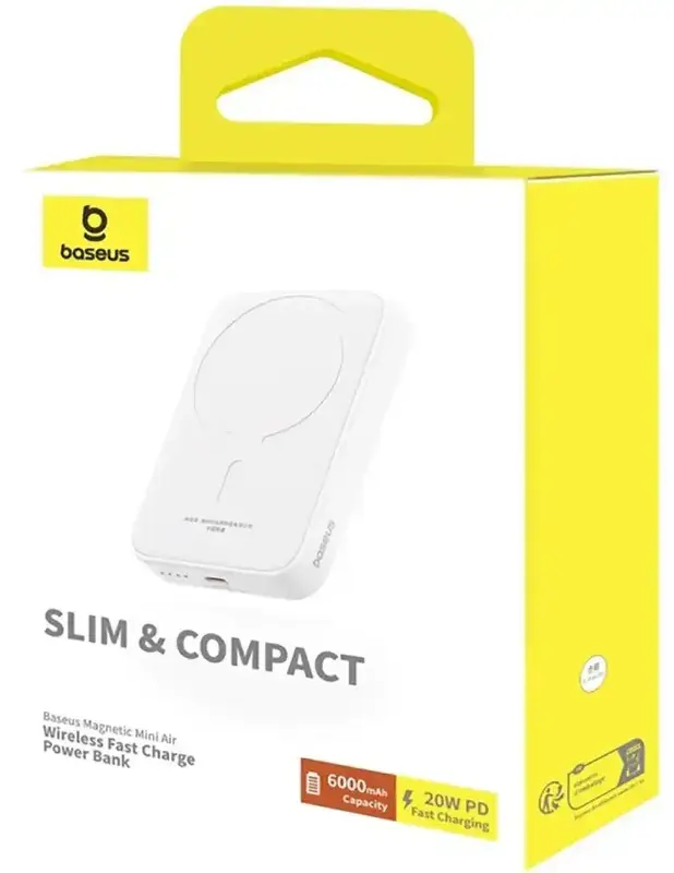 Повербанк Baseus Magnetic Wireless Mini Air 6000mAh 20W PD,QC, USB-C In/Out, Qi-15W білий - фото - №6