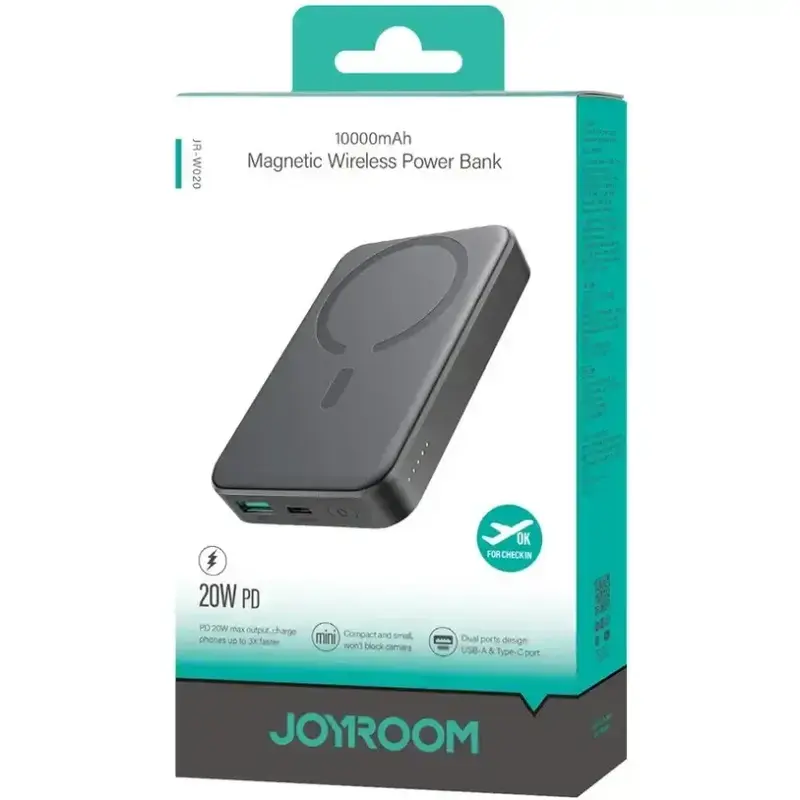 Повербанк Joyroom Magnetic Wireless 10000mAh JR-W020 20W QC USB-C In/Out чорний - фото - №1