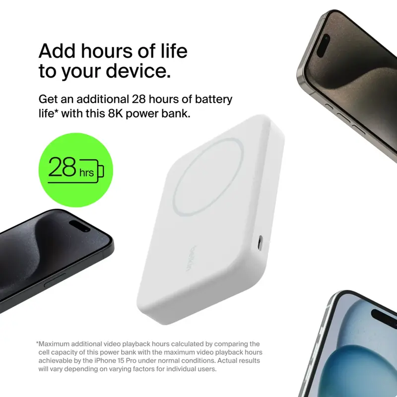 Порт.ЗП Belkin 8000mAh, 15Вт, Magnetic Qi2, білий - фото - №5