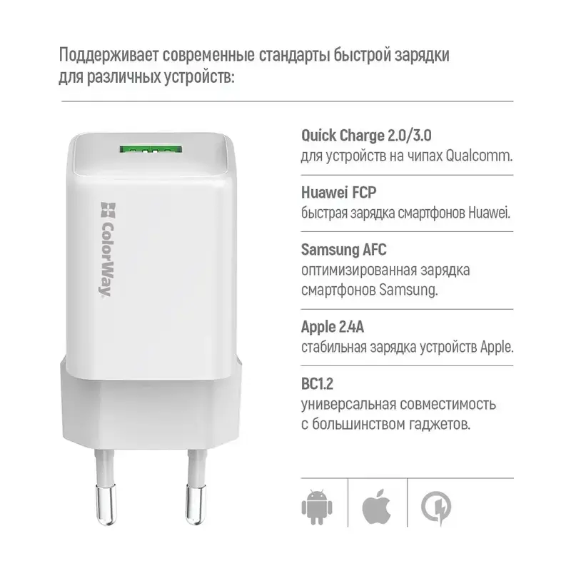 Ун. МЗП ColorWay (CW-CHS063Q-WT) 1x USB-A (18W) бiлий - фото - №1