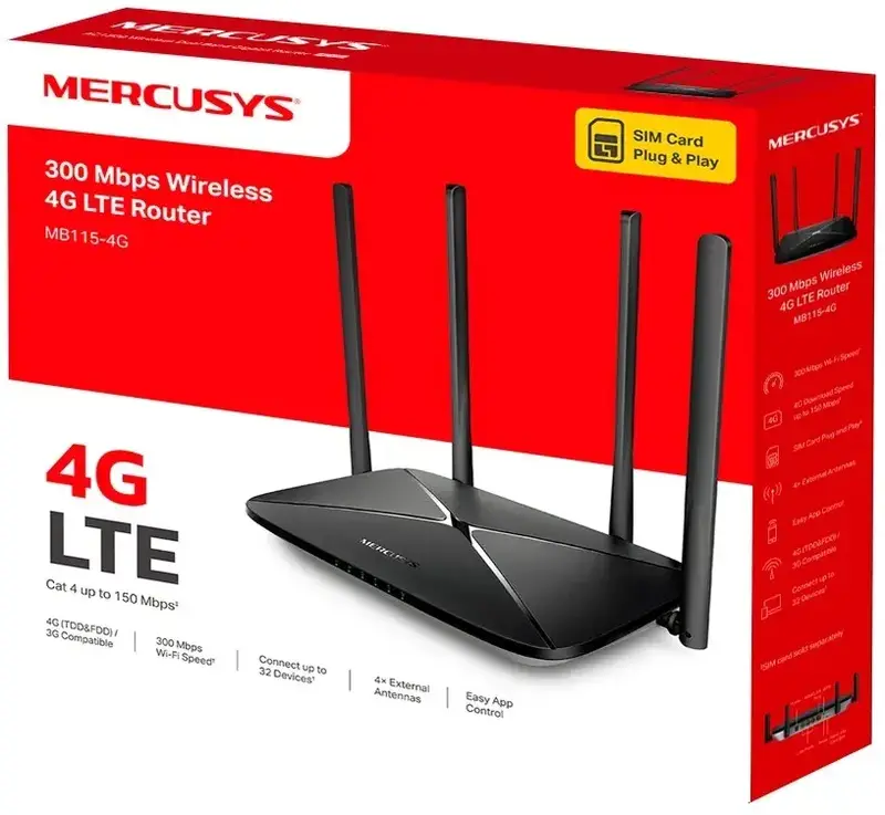 Интернет-роутер Mercusys MB115-4G N300, 4G/LTE, 3xFE LAN, 1xFE WAN - фото - №3