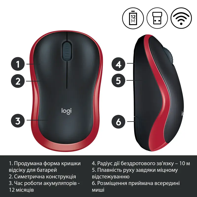 Миша Logitech бездротова (M185) red - фото - №3