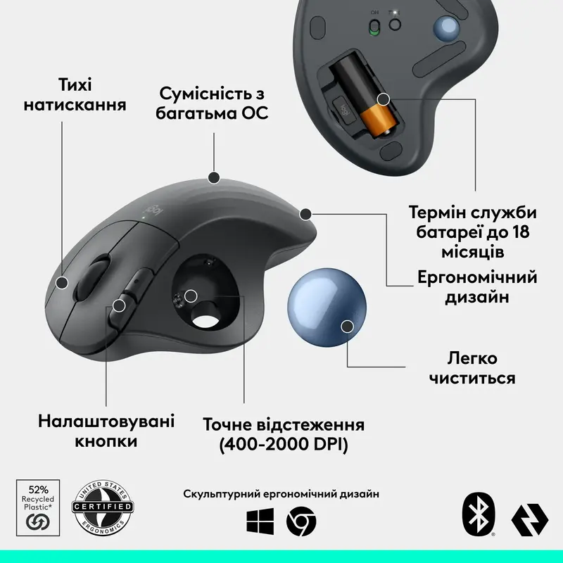 Миша Logitech бездротова MX Ergo S (M575S) graphite-blue - фото - №5