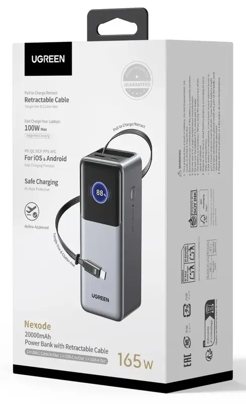 Повербанк UGREEN 165W 20000 mAh Retractable Cable PB726 55987B Cірий - фото - №9