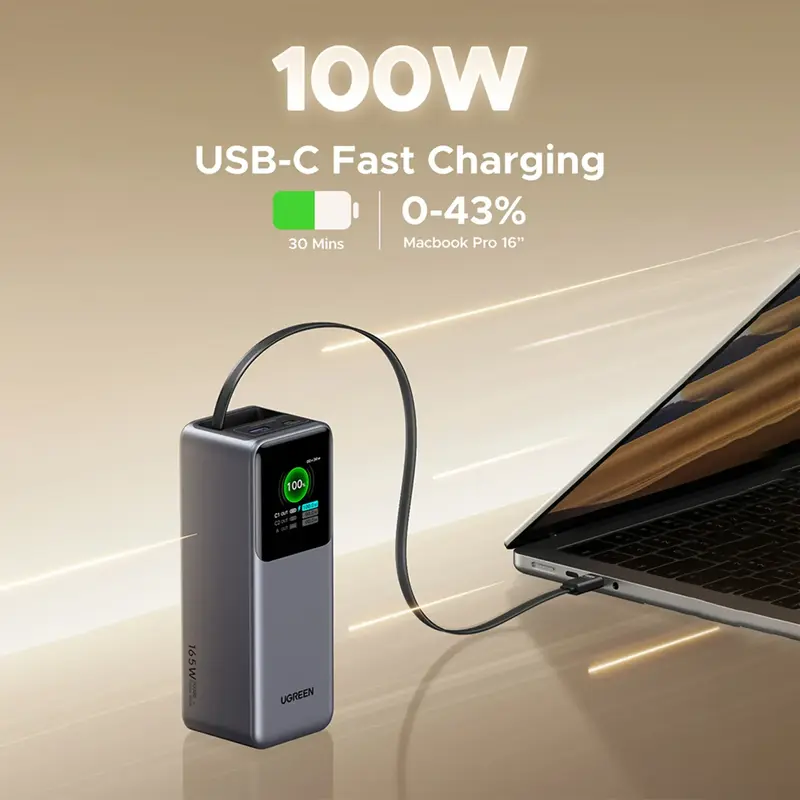 Повербанк UGREEN 165W 20000 mAh Retractable Cable PB726 55987B Cірий - фото - №4