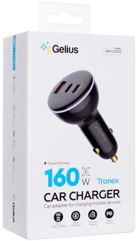 Автомобільний зарядний пристрій Gelius Tronex GP-CC012 1USB + 2Type-C 160W (Black) - фото - №3