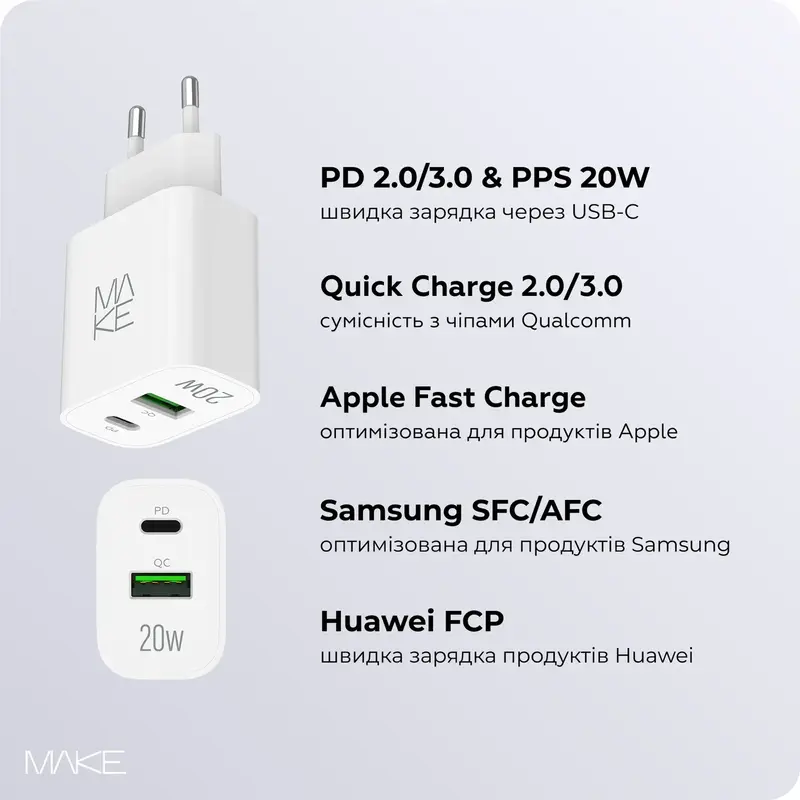 Зарядное устройство MAKE 20W PD+QC3.0 White - фото - №3