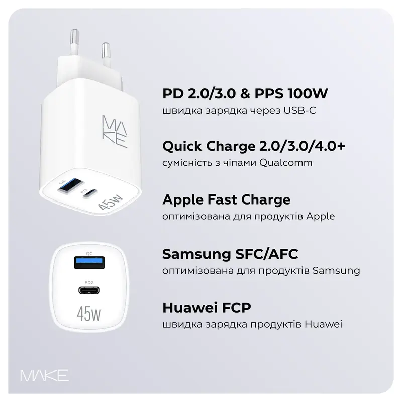 Зарядний пристрій MAKE 30W GaN PD + QC3.0 White - фото - №2