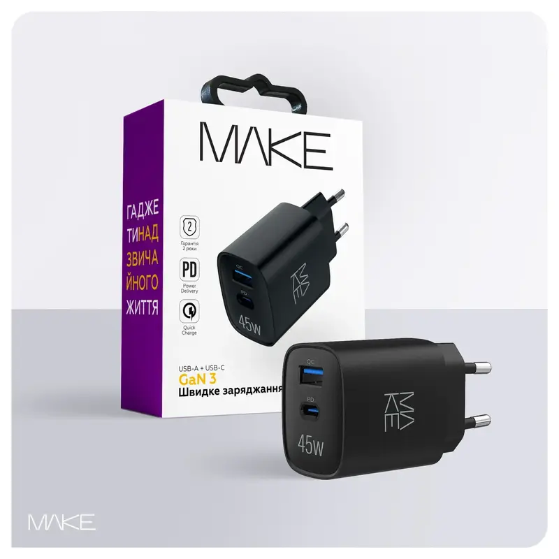 Зарядний пристрій MAKE 45W GaN PD + QC3.0 Black - фото - №6