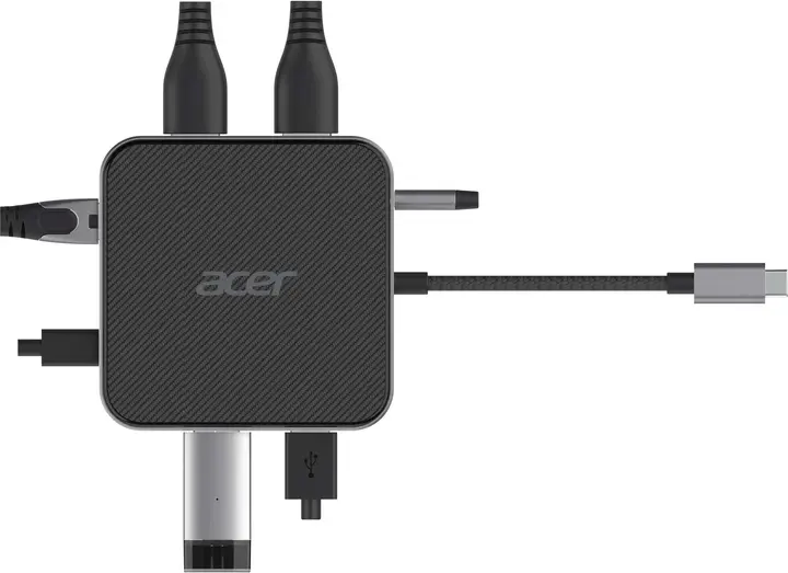 HUB Acer USB-C to HDMI/DP/2xUSB-A3.2/USB-C/RJ45/mini-jack, 0.15м, чорний - фото - №1