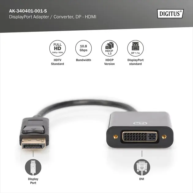 Адаптер DIGITUS DP 1.1 - DVI Full HD, M/F, 0.15м - фото - №1
