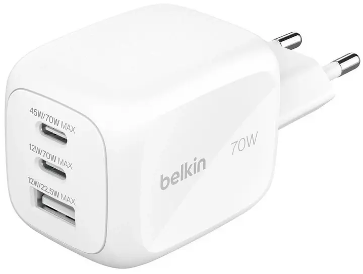 Зарядное устройство сетевое Belkin 70Вт 2хUSB-С/USB-A GAN PD PPS, белый - фото - №0