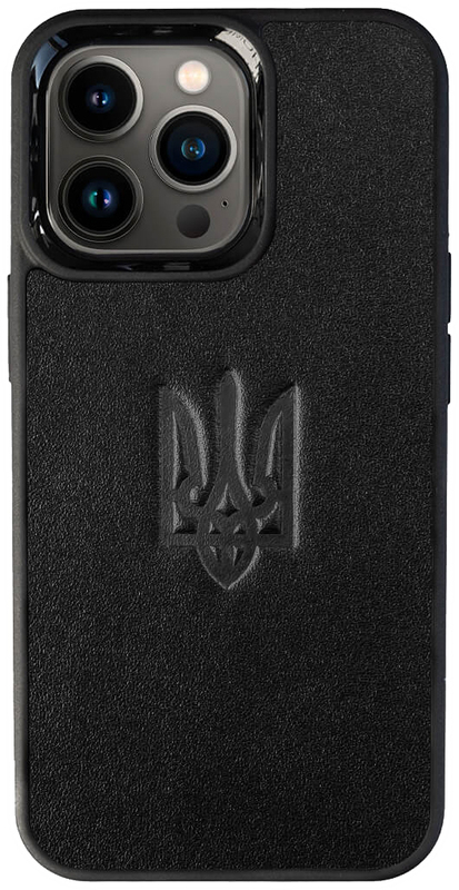 Чохол із чорної шкіри купон для iPhone 13 Pro Max з тисненням Герба України фото