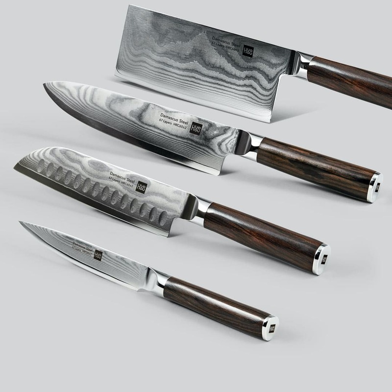 Набор ножей HuoHou дамасская сталь с подставкой, 4 шт. (HU0073) фото
