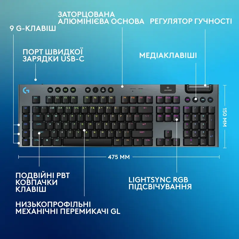 Ігрова клавіатура Logitech G915 Wireless Black LINEAR - фото - №7