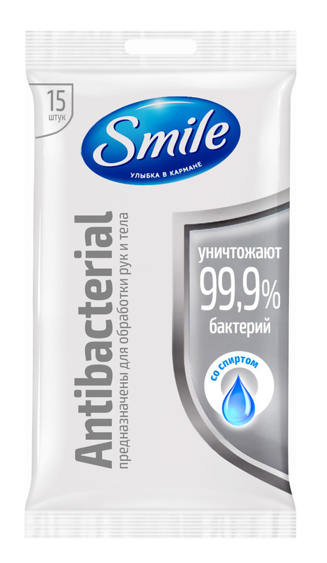 Влажные салфетки Smile Antibacterial со спиртом 15 шт. 42502561 фото