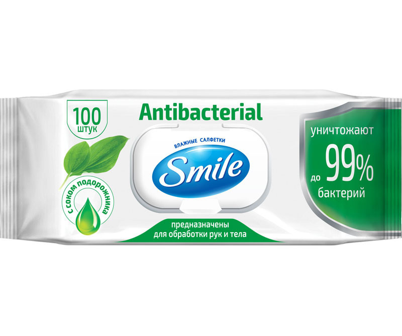 Влажные салфетки Smile Antibacterial с соком подорожника с клапаном 100 шт. 42112800 фото