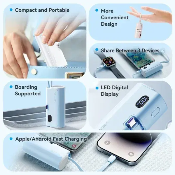 Порт.ЗП Vention 4800mAh 22,5W PD, USB-C In/Out, LED display, with built-in USB-C cable Синій - фото - №6