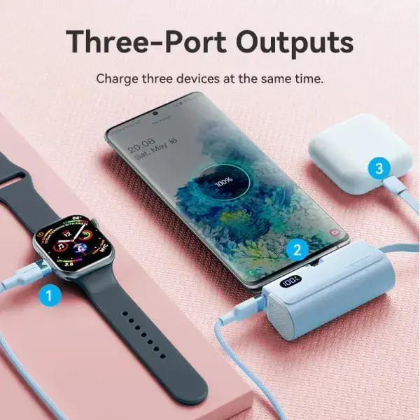 Порт.ЗП Vention 4800mAh 22,5W PD, USB-C In/Out, LED display, with built-in USB-C cable Синій - фото - №2