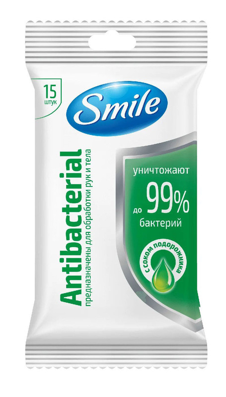 Влажные салфетки Smile Antibacterial с соком подорожника 15 шт. 42213231 фото