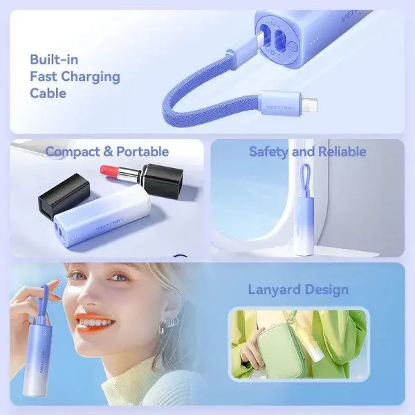 Повербанк Vention 5000mAh 20W PD, USB-C In/Out, Lightning In/Out, with cable, Gradient Синій - фото - №5