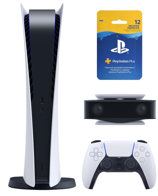 Бандл Ігрова консоль PlayStation 5 Digital Edition + HD Camera + PlayStation Plus: Підписка на 12 місяців фото