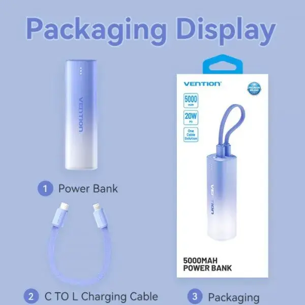 Повербанк Vention 5000mAh 20W PD, USB-C In/Out, Lightning In/Out, with cable, Gradient Синій - фото - №7