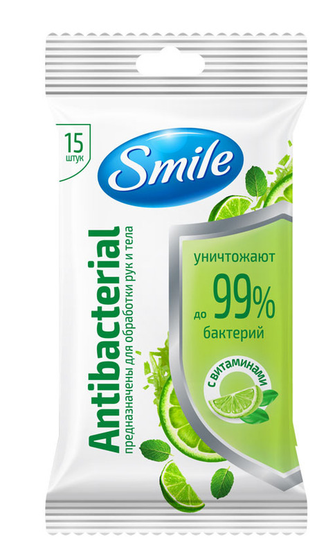 Влажные салфетки Smile Antibacterial с витаминами 15 шт. 42504720 фото