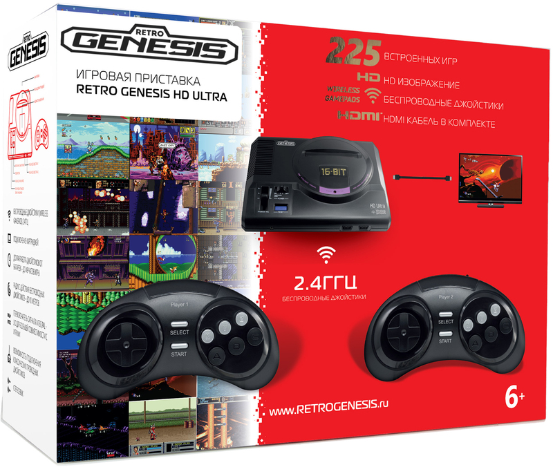 Ігрова консоль Retro Genesis 16 bit HD Ultra (225 ігор, 2 бездротових джойстика, HDMI кабель) фото