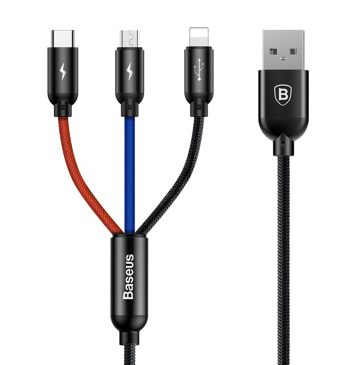 Kабель Baseus USB - microUSB+Lightning+USB-C (3 в 1) 1,2m (Black) CAMLT-BSY01 фото